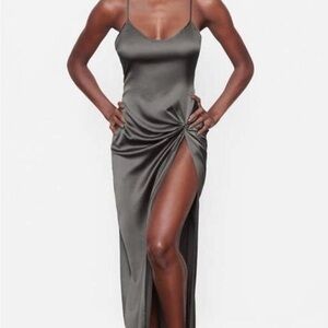 SKIMS Gray Ruched Slit Maxi Dress
